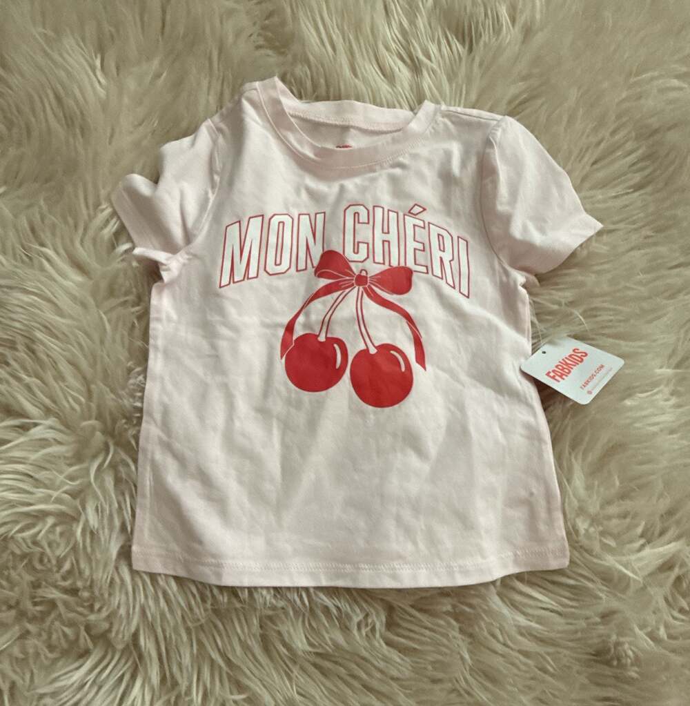 FabKids Pink Mon Cheri Cherry Graphic Short Sleeve Tee Size S 6/7 NWT